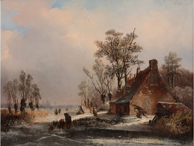 Jansen J.M.  | Winterlandschap met boerderij en schaatsers, olieverf op doek 35,1 x 45,5 cm, gesigneerd r.o.