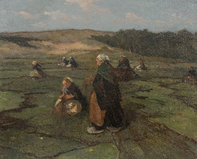Johannes Evert Akkeringa | Nettenboetsters in de duinen, olieverf op doek op paneel, 47,1 x 58,4 cm