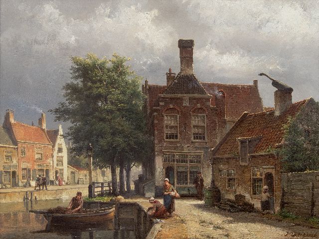Koekkoek W.  | Grachtje in Haarlem, olieverf op paneel 41,7 x 56,2 cm, gesigneerd r.o. en verso gedateerd 1877