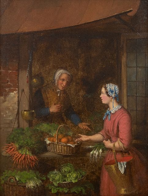 Pez A.  | Een praatje bij de groentestal, olieverf op paneel 34,6 x 26,0 cm, gesigneerd r.o. en gedateerd 1848