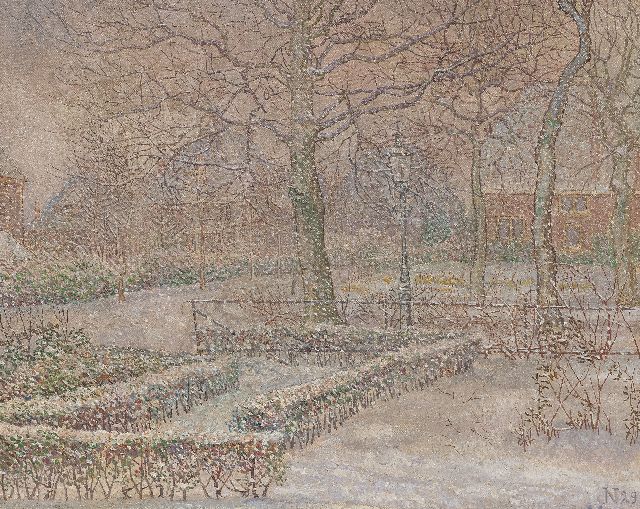 Nieweg J.  | Tuin van de schilder in de sneeuw, Amersfoort, olieverf op doek 40,5 x 50,5 cm, gesigneerd r.o. met monogram en gedateerd '29