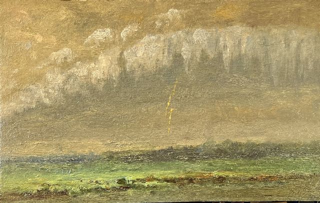 Europese School, 19e eeuw   | Onweer boven een weidelandschap, olieverf op schildersboard 20,4 x 31,8 cm, gesigneerd r.o. (vaag) en zonder lijst