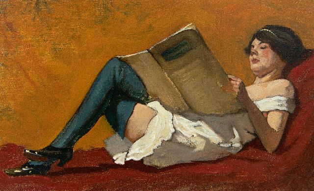 Houbolt E.  | Lezend meisje op een divan, olieverf op doek op paneel 18,8 x 29,9 cm