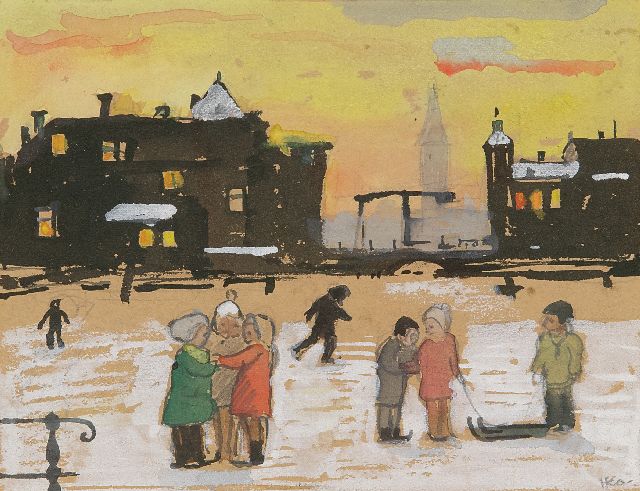 Kamerlingh Onnes H.H.  | Kinderen op het ijs, potlood en aquarel op papier 10,5 x 13,6 cm, gesigneerd r.o. met monogram en gedateerd 3 Jan 58
