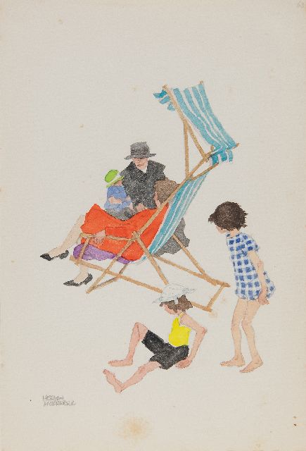 Moerkerk H.A.J.M.  | Dagje op 't strand, potlood en aquarel op papier 25,5 x 17,1 cm, gesigneerd l.o.