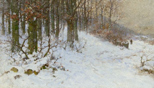 Eickelberg W.H.  | Wandelend figuurtje in besneeuwd landschap, olieverf op doek 59,8 x 102,2 cm, zonder lijst