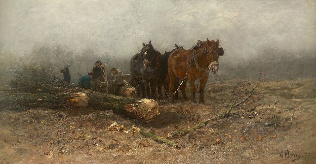 Mauve A.  | Houthakkers, boomstammen en mallejan met paarden, olieverf op doek 106,6 x 205,8 cm, gesigneerd r.o. en gedateerd '77