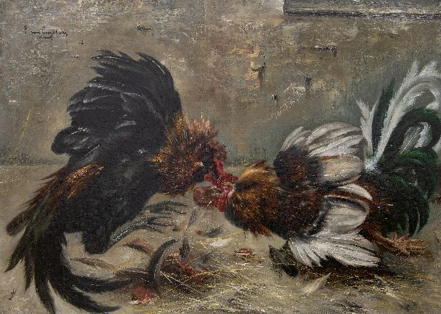 Piet van Engelen | Vechtende hanen, olieverf op doek, 77,6 x 107,8 cm, gesigneerd l.b. en zonder lijst
