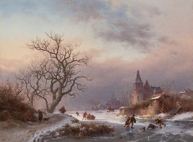 Kruseman F.M.  | Winterlandschap met schaatsers op een bevroren rivier, olieverf op paneel 29,0 x 39,0 cm, gesigneerd l.o. en gedateerd 1855