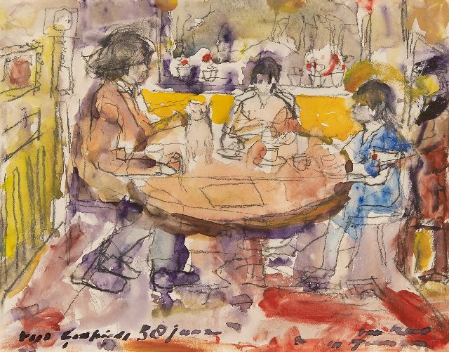 Verwey K.  | Godfried en Pietsie Bomans met hun dochter aan tafel, krijt en aquarel op papier 24,0 x 30,5 cm, gesigneerd r.o. en te dateren ca. 1971
