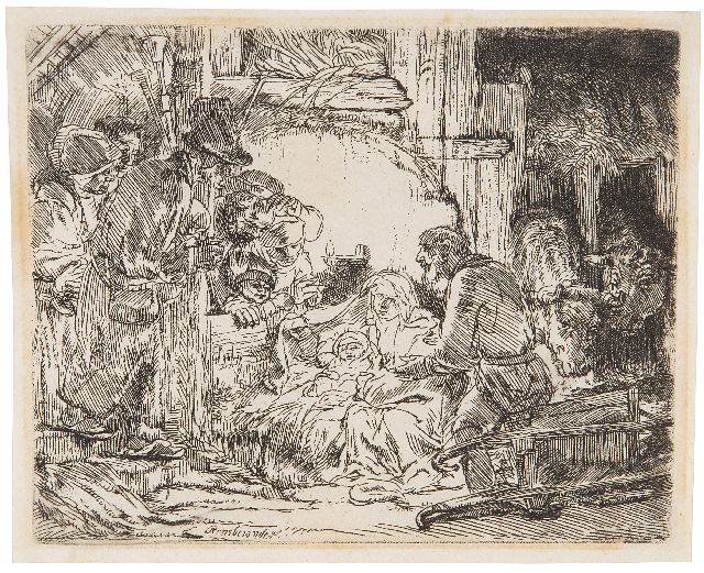 Rembrandt (Rembrandt Harmensz. van Rijn)   | Aanbidding der herders (met de olielamp), ets 11,0 x 13,4 cm, gesigneerd l. v.h. m.