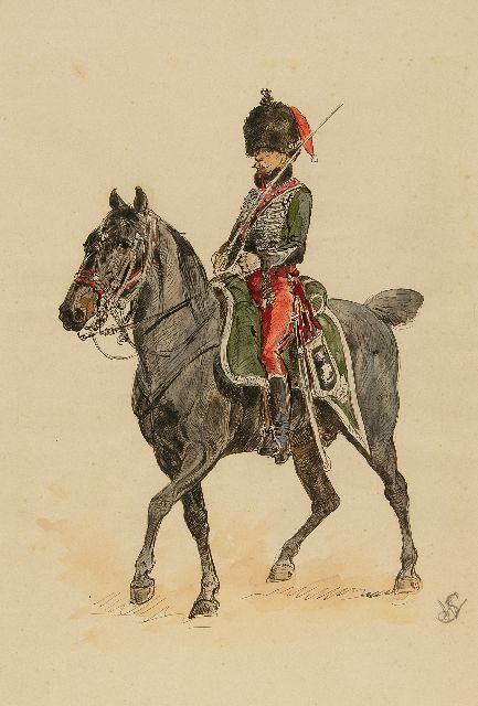 Staring W.C.  | Dragonder te paard, inkt en aquarel op papier 33,5 x 21,0 cm, gedateerd 1 April 1906 (in potlood)