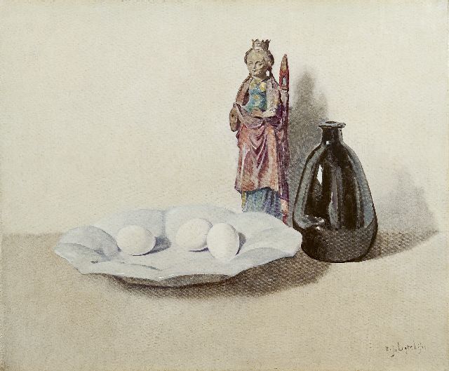 Ligtelijn E.J.  | Stilleven met eieren, beeld en vaasje, olieverf op doek 50,2 x 60,0 cm, gesigneerd r.o.