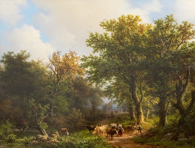 Koekkoek B.C.  | Zomers bosgezicht met vee en figuren, olieverf op paneel 69,1 x 90,2 cm, gesigneerd r.o. en gedateerd 1853