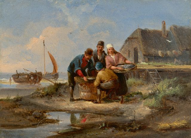 Pieter Cornelis  Dommershuijzen | Visafslag aan de kust van Marken, olieverf op paneel, 17,0 x 23,2 cm, zonder lijst