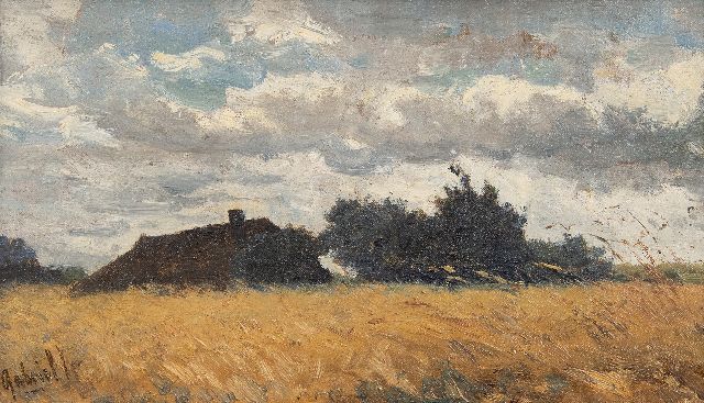 Gabriel P.J.C.  | Boerderij verscholen achter een korenveld, olieverf op doek op paneel 19,8 x 33,6 cm, gesigneerd l.o.