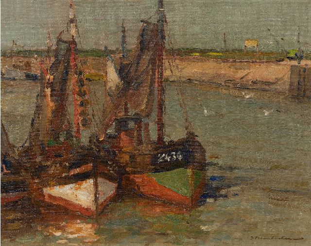 Georg Hambüchen | Vissersboten in de haven van Zeebrugge, olieverf op doek, 40,2 x 50,4 cm, gesigneerd r.o.