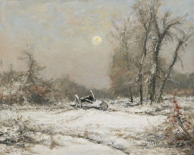Louis Apol | Winterlandschap met mallejan bij avond, olieverf op doek, 39,9 x 50,4 cm, gesigneerd l.o.