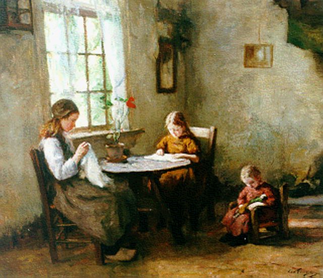 Tonge L.L. van der | Larens interieur met kinderen, olieverf op doek 60,0 x 70,3 cm, gesigneerd r.o.