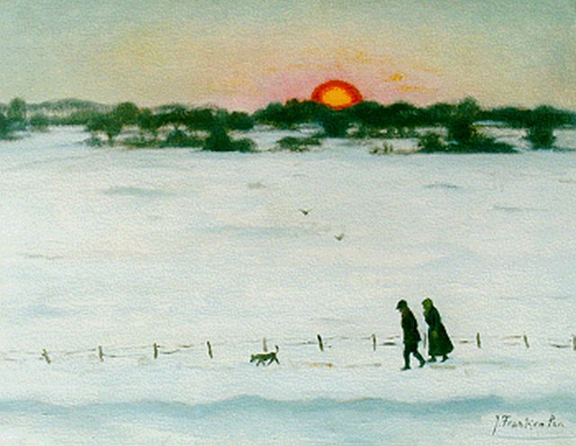 Franken J.P.J.  | Wandelaars in sneeuwlandschap, olieverf op doek 35,3 x 45,3 cm, gesigneerd r.o.