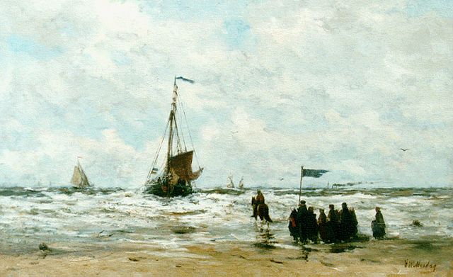 Mesdag H.W.  | Strandgezicht met vissers en aankomende bomschuit, olieverf op doek 48,5 x 78,3 cm, gesigneerd r.o.