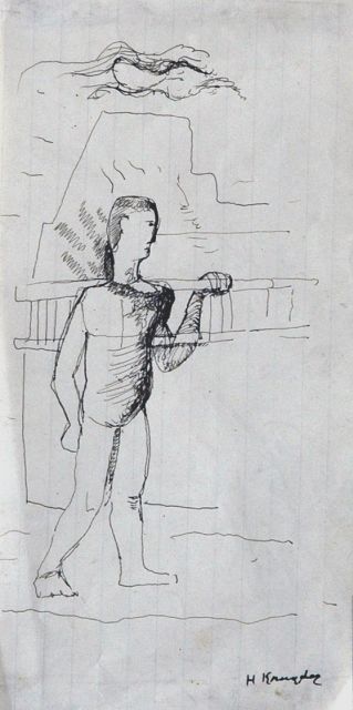 Kruyder H.J.  | Man met ladder, pen en inkt op papier 19,4 x 9,7 cm, gesigneerd r.o.
