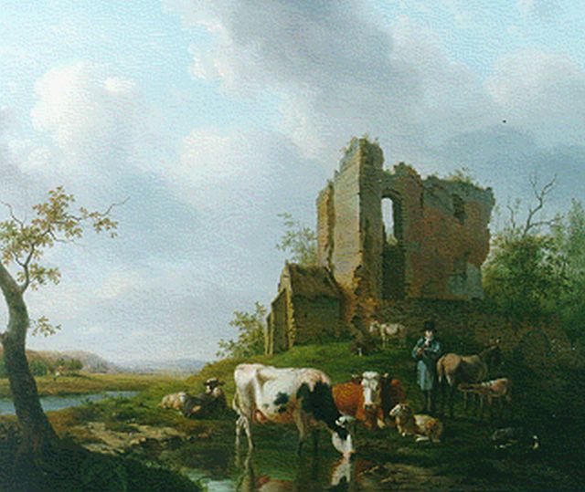 Sande Bakhuyzen H. van de | Koeien bij ruïne, olieverf op doek 59,0 x 70,9 cm, gesigneerd r.o.