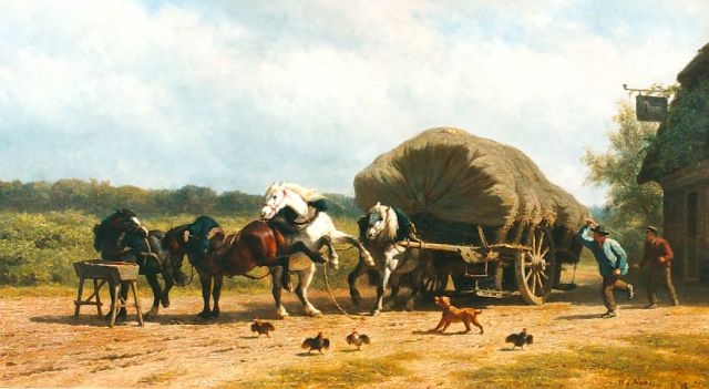 Nakken W.K.  | Paarden bij de voederbak, olieverf op doek 45,0 x 80,0 cm, gesigneerd r.o.