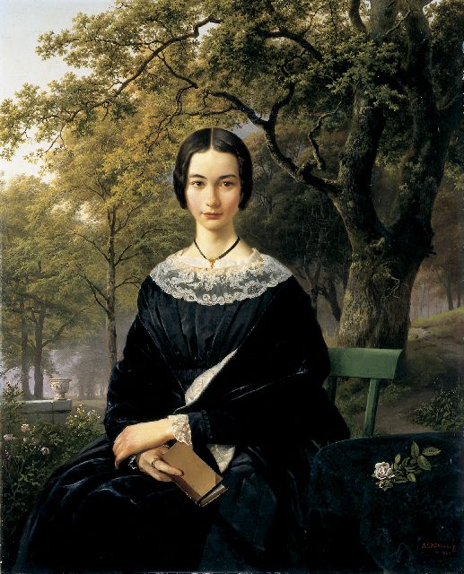 Koekkoek B.C.  | Portret van een jonge vrouw in een parklandschap, olieverf op doek 84,7 x 64,0 cm, gesigneerd r.o. en gedateerd 1846