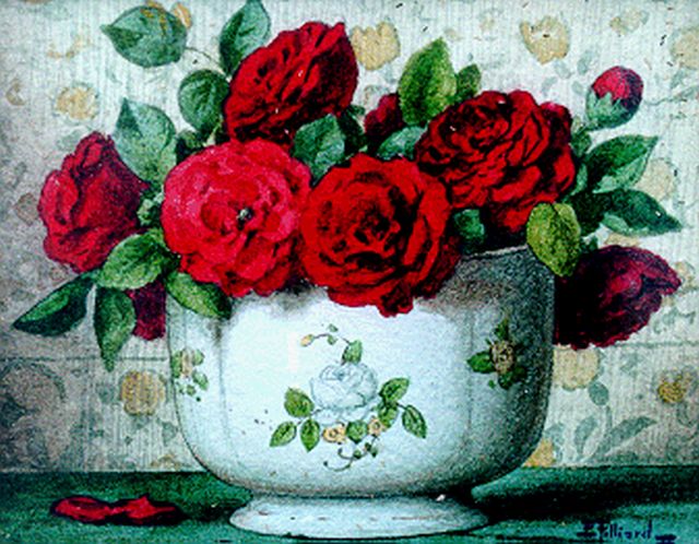 Filliard E.  | Rode rozen in een pot, aquarel op papier 13,5 x 16,6 cm, gesigneerd r.o.