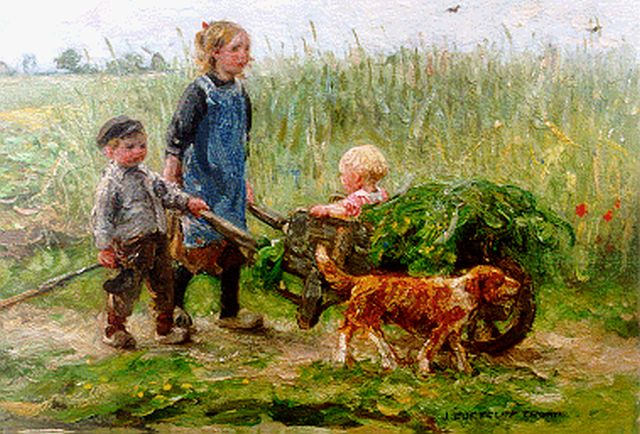 Zoetelief Tromp J.  | Kinderen met hond in het veld, olieverf op paneel 23,7 x 34,0 cm, gesigneerd r.o.