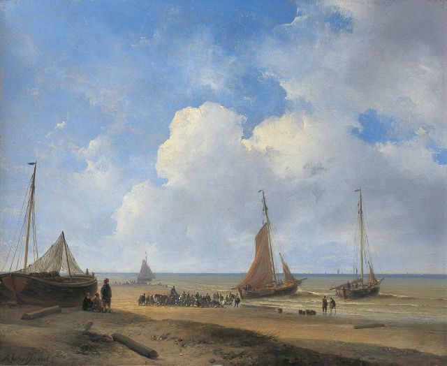 Schelfhout A.  | Visafslag op het strand nabij Scheveningen, olieverf op schilderskarton 22,7 x 28,0 cm, gesigneerd l.o. en te dateren 1835