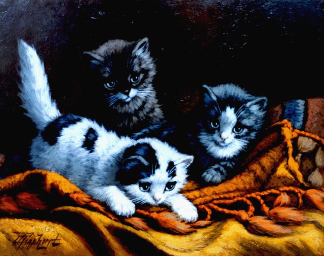 Raaphorst C.  | Drie poesjes op een Turks kussen, olieverf op doek op paneel 24,3 x 31,5 cm, gesigneerd l.o.