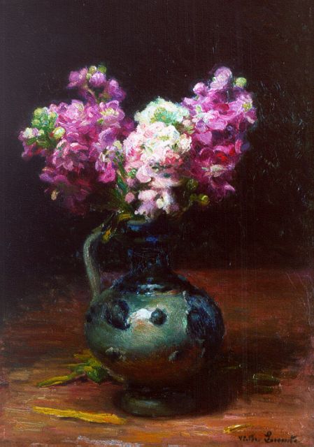 Lecomte V.  | Stilleven met roze muurbloemen, olieverf op paneel 34,0 x 24,8 cm, gesigneerd r.o. en verso gedateerd 1912