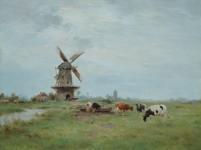 Groenewegen A.J.  | Polderlandschap met molen en vee, olieverf op doek 30,4 x 40,4 cm, gesigneerd r.o.