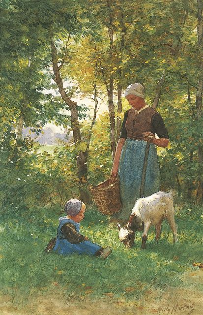 Martens W.  | Moeder met kindje en geit in de tuin, aquarel en gouache op papier 51,0 x 34,0 cm, gesigneerd r.o.
