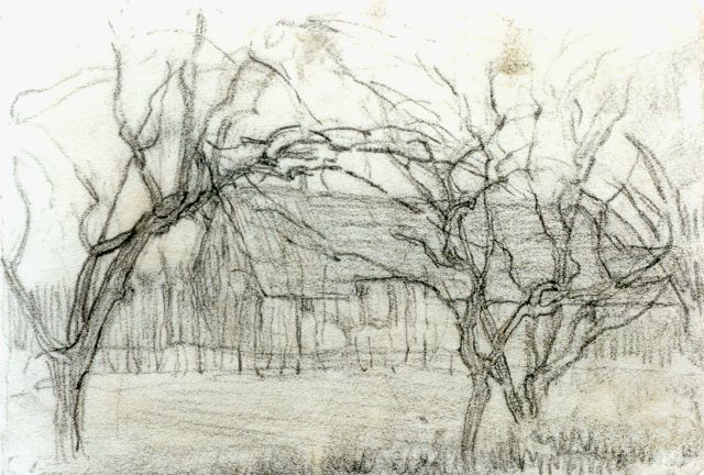 Mondriaan P.C.  | Boerderij achter bomen, krijt op papier 11,7 x 16,8 cm, te dateren ca. 1905