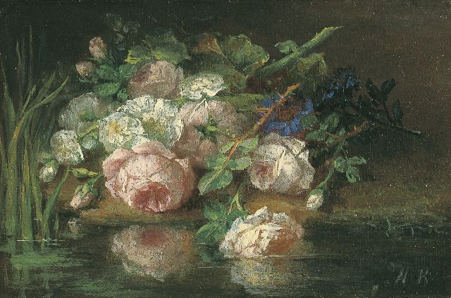 Roosenboom M.C.J.W.H.  | Boeket bloemen aan de waterkant, olieverf op paneel 7,4 x 11,2 cm, gesigneerd r.o. met initialen