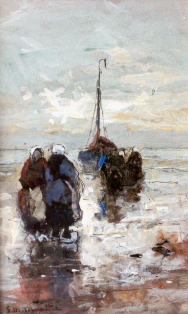 Munthe G.A.L.  | Vissersvrouwen op het strand van Katwijk, aquarel en gouache op papier 18,6 x 11,3 cm, gesigneerd l.o. + verso en gedateerd en verso gedateerd 1916
