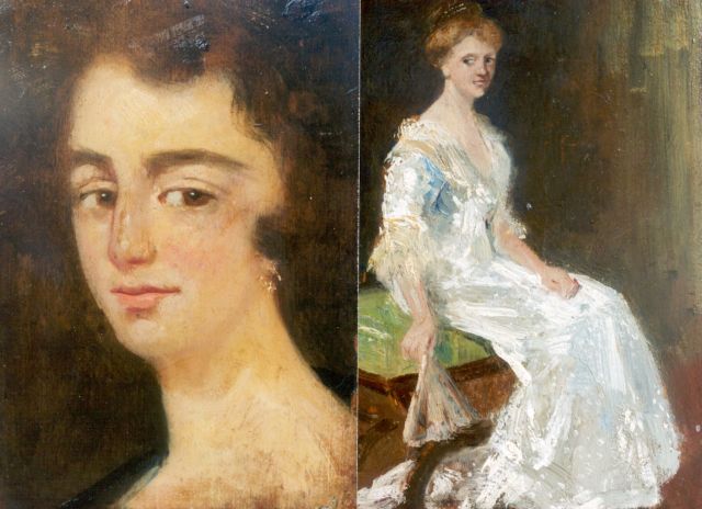 Maris S.W.  | Elegante dame met waaier; verso: vrouwenportret, olieverf op paneel 21,6 x 15,1 cm