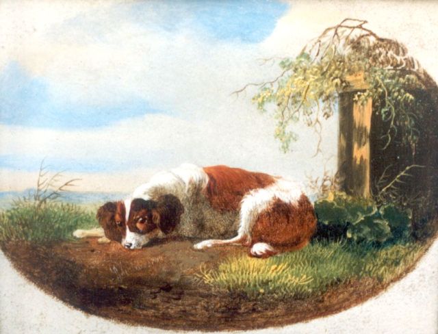 Verhoesen A.  | Rustende hond, olieverf op paneel 8,8 x 11,1 cm, gesigneerd l.o.