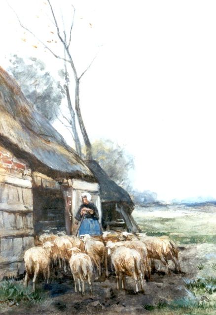 Jansen W.G.F.  | Herderin met haar kudde, aquarel op papier 33,5 x 24,0 cm, gesigneerd l.o.