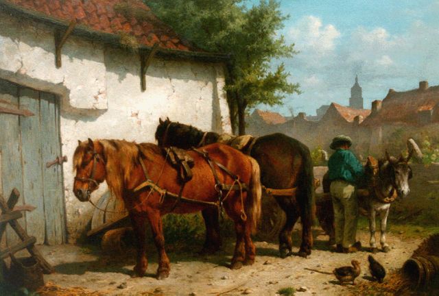 Verschuur jr. W.  | Boer met twee paarden en ezel voor de herberg, olieverf op paneel 45,0 x 64,0 cm, gesigneerd r.o. en gedateerd '67