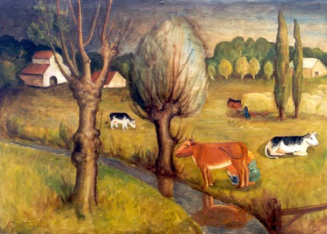 Troyer P. de | Landschap met melkende boer en koeien, olieverf op doek 88,2 x 120,8 cm, gesigneerd l.o.