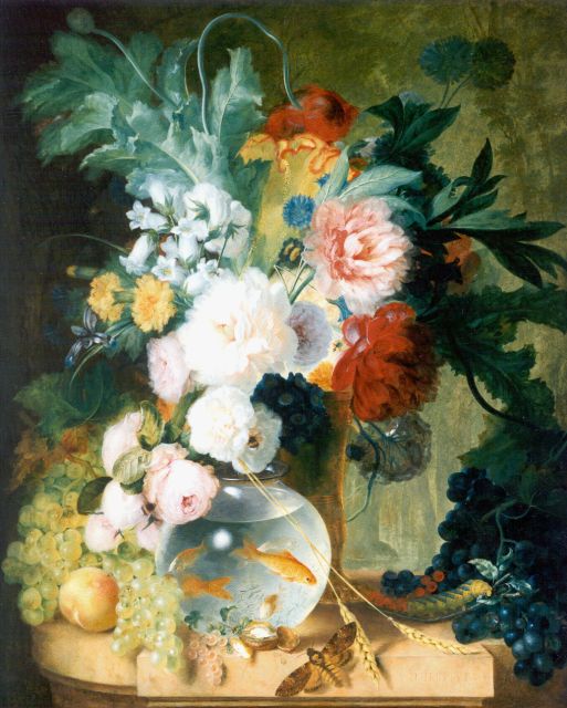 Kuipers C.  | Bloemen en viskom op een marmeren tafel, olieverf op paneel 87,0 x 70,0 cm, gesigneerd r.o. en gedateerd 1777