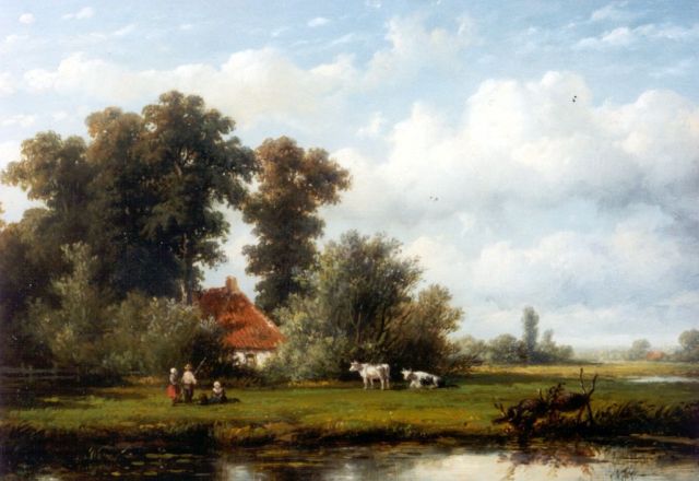 Wijngaerdt A.J. van | Polderlandschap met hengelaars, olieverf op paneel 22,4 x 30,8 cm, gesigneerd r.o. en gedateerd 1859
