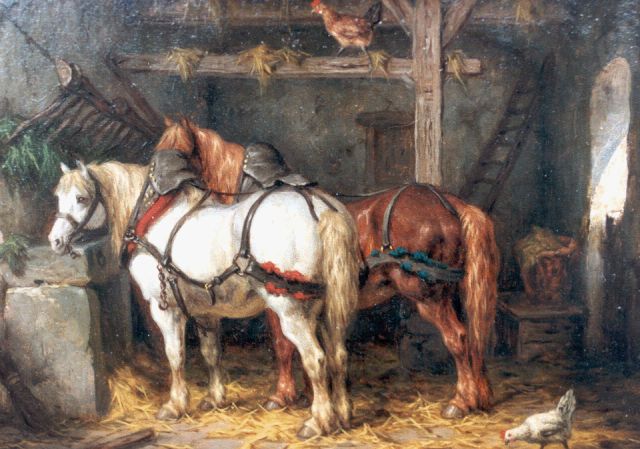 Boogaard W.J.  | Paarden in een stal, olieverf op paneel 19,8 x 27,0 cm, gesigneerd r.o. en gedateerd 1876