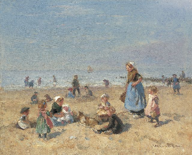 Akkeringa J.E.H.  | Spelende kinderen op het strand, olieverf op doek 29,2 x 36,1 cm, gesigneerd r.o.