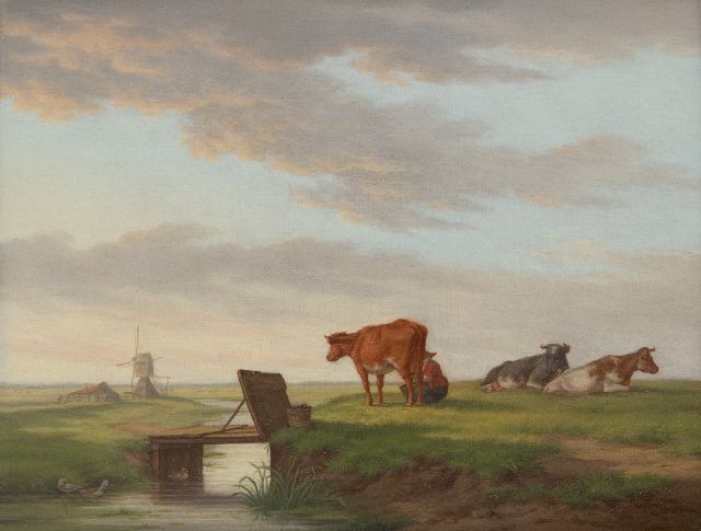 Burgh H.A. van der | Koeien in een landschap met molen, olieverf op paneel 20,4 x 26,3 cm, gesigneerd r.o. en gedateerd 1821