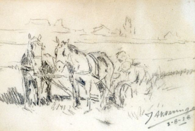 Akkeringa J.E.H.  | Ploegende paarden, potlood op papier 10,3 x 15,2 cm, gesigneerd r.o. en gedateerd 2-8-28